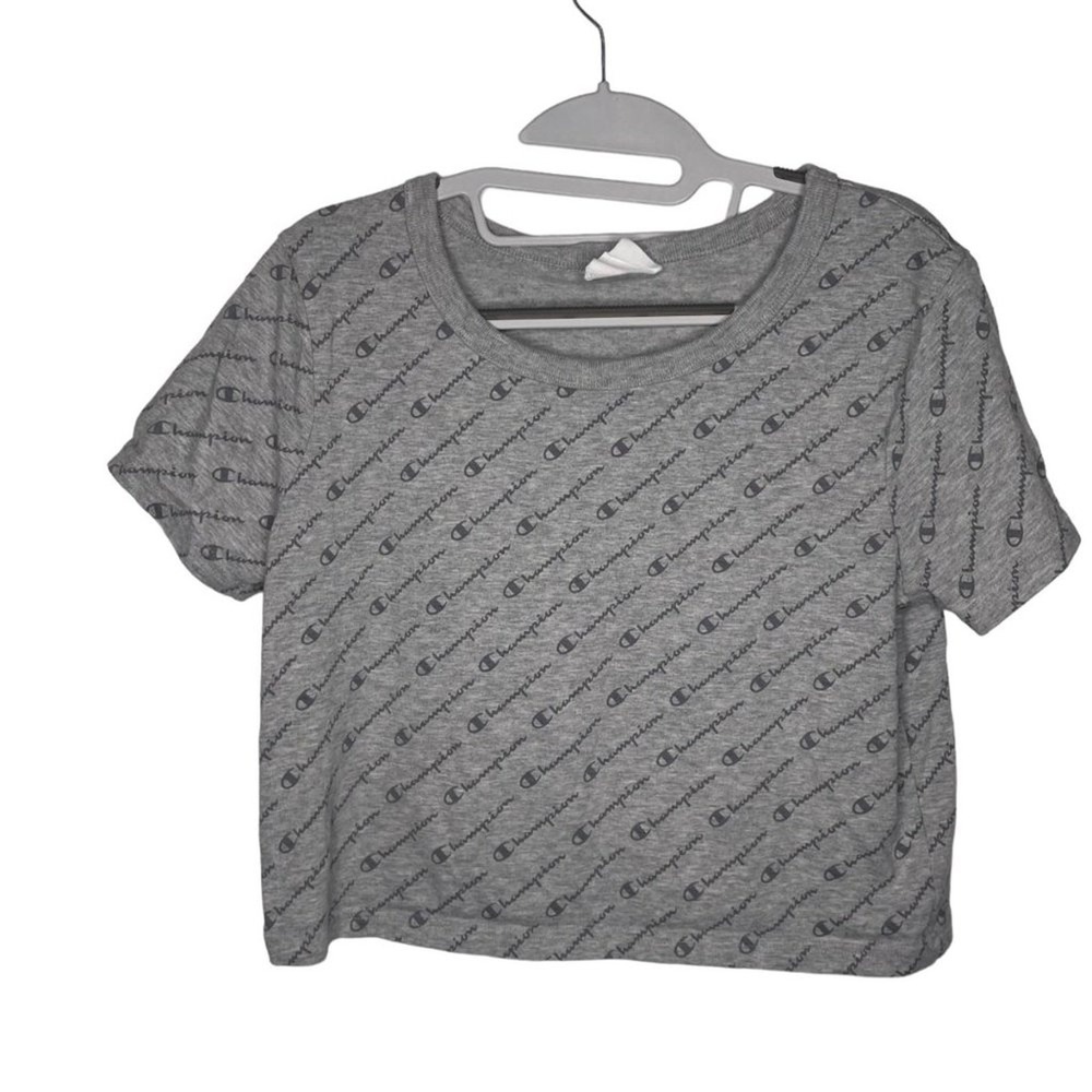 Champion Heritage Gray All Over Logo Print Crop Top Shirt WL393P Small